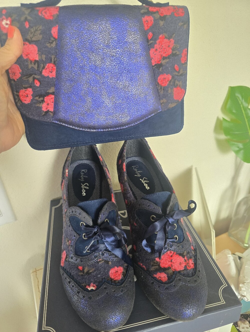Women's Navy Floral Brogue Shoes With Matching Purse